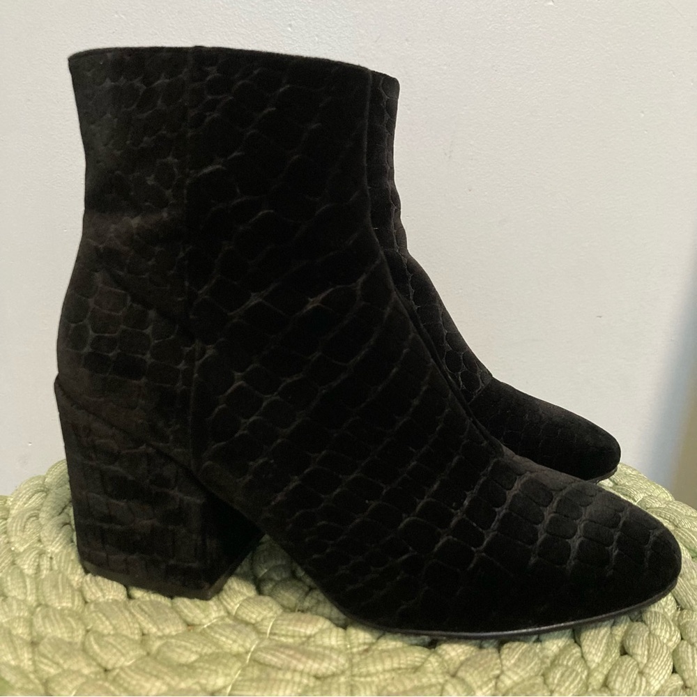 Ash Erika Black Velvet Crocodile Embossed Chucky Heel Ankle Booties